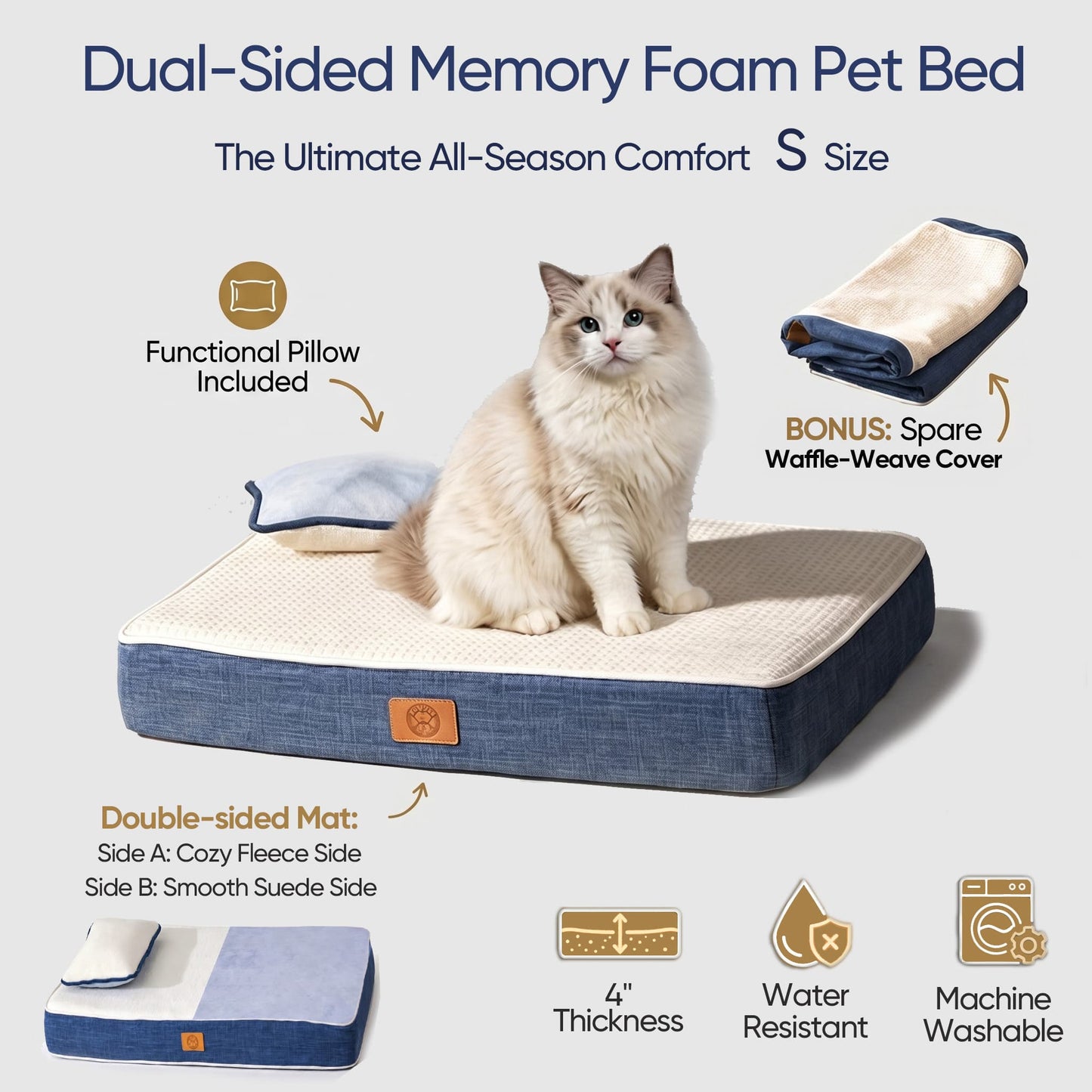 KoraPaw Dual-Sided Memory Foam Pet Pad (Size S), Removable Washable Waffle Texture Dog Bed Cushion for Small Dogs & Cats, 5 lbs