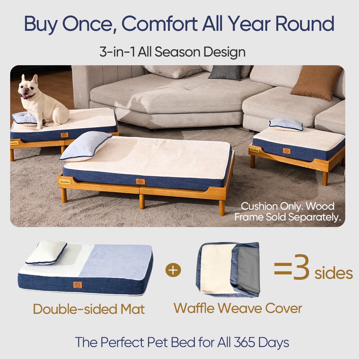 KoraPaw Dual-Sided Memory Foam Pet Pad (Size S), Removable Washable Waffle Texture Dog Bed Cushion for Small Dogs & Cats, 5 lbs