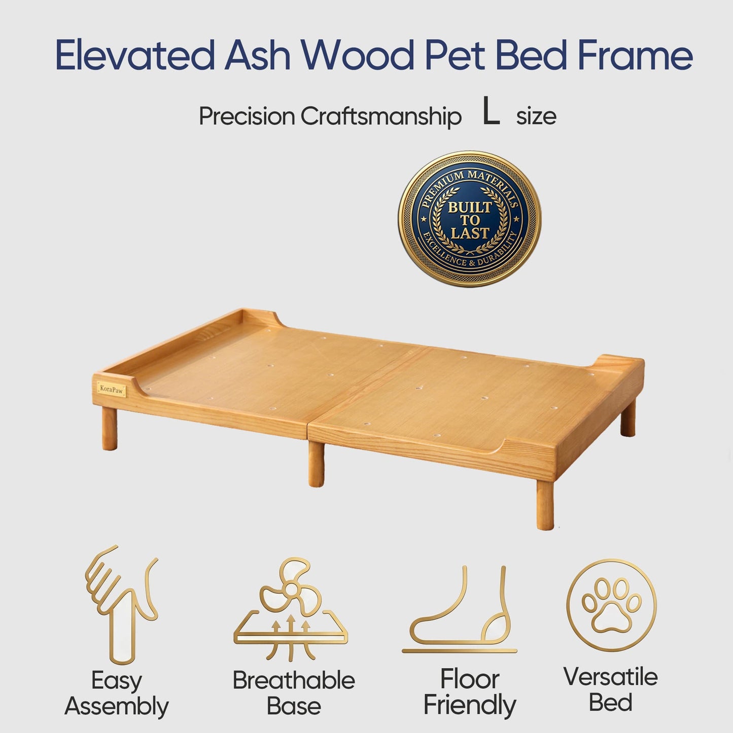 KoraPaw Premium Heavy-Duty Solid Ash Wood Pet Bed Base (Size L), 11cm Elevated Wood Frame for Large Dogs, Supportive Large Pet Furniture (Frame Only)