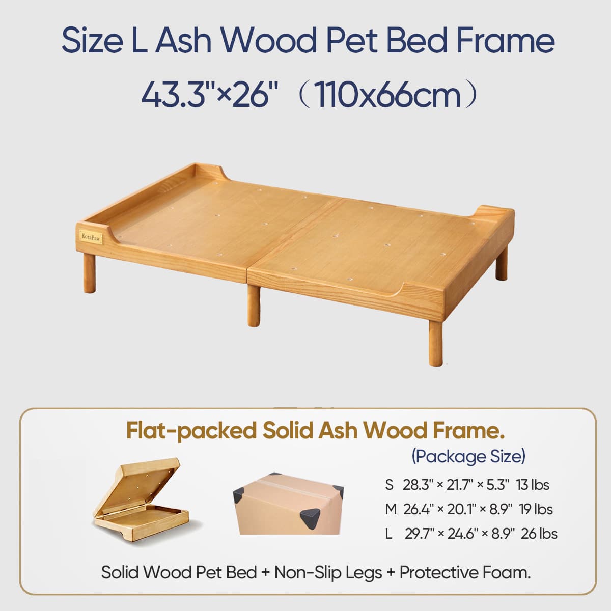 KoraPaw Premium Heavy-Duty Solid Ash Wood Pet Bed Base (Size L), 11cm Elevated Wood Frame for Large Dogs, Supportive Large Pet Furniture (Frame Only)