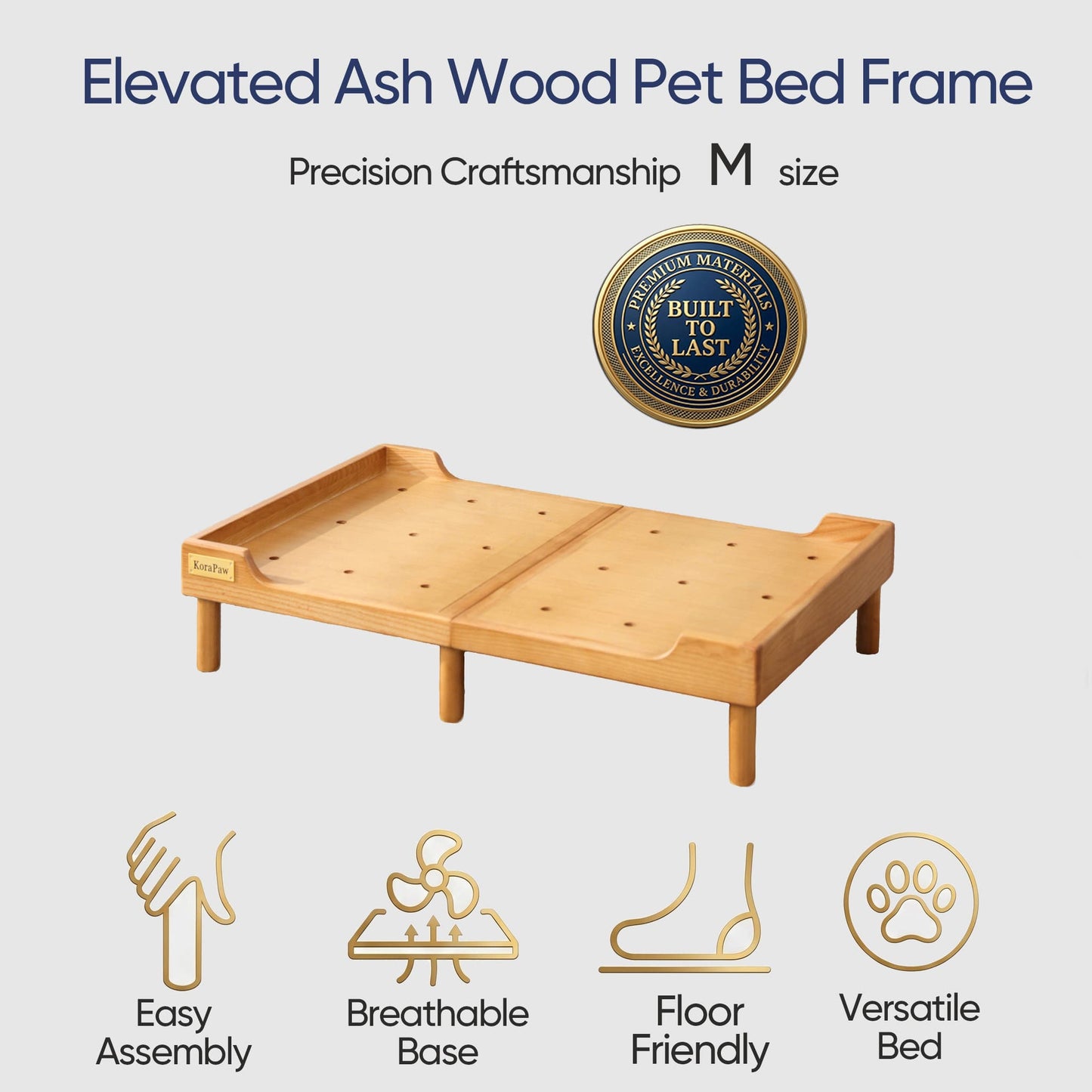 KoraPaw Premium Heavy-Duty Solid Ash Wood Pet Bed Base (Size M), 11cm Elevated Wood Frame for Medium Dogs, Supportive Flat-Packed Pet Furniture (Frame Only)
