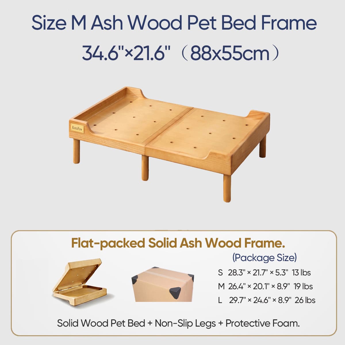 KoraPaw Premium Heavy-Duty Solid Ash Wood Pet Bed Base (Size M), 11cm Elevated Wood Frame for Medium Dogs, Supportive Flat-Packed Pet Furniture (Frame Only)