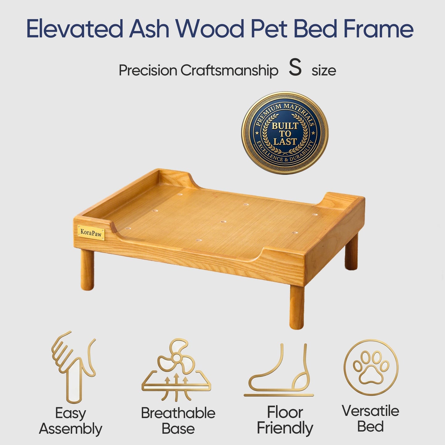 KoraPaw Premium Solid Ash Wood Pet Bed Base (Size S), 11cm Elevated Wood Frame for Cats & Small Dogs, Robot Vacuum Friendly Modern Pet Furniture (Frame Only)