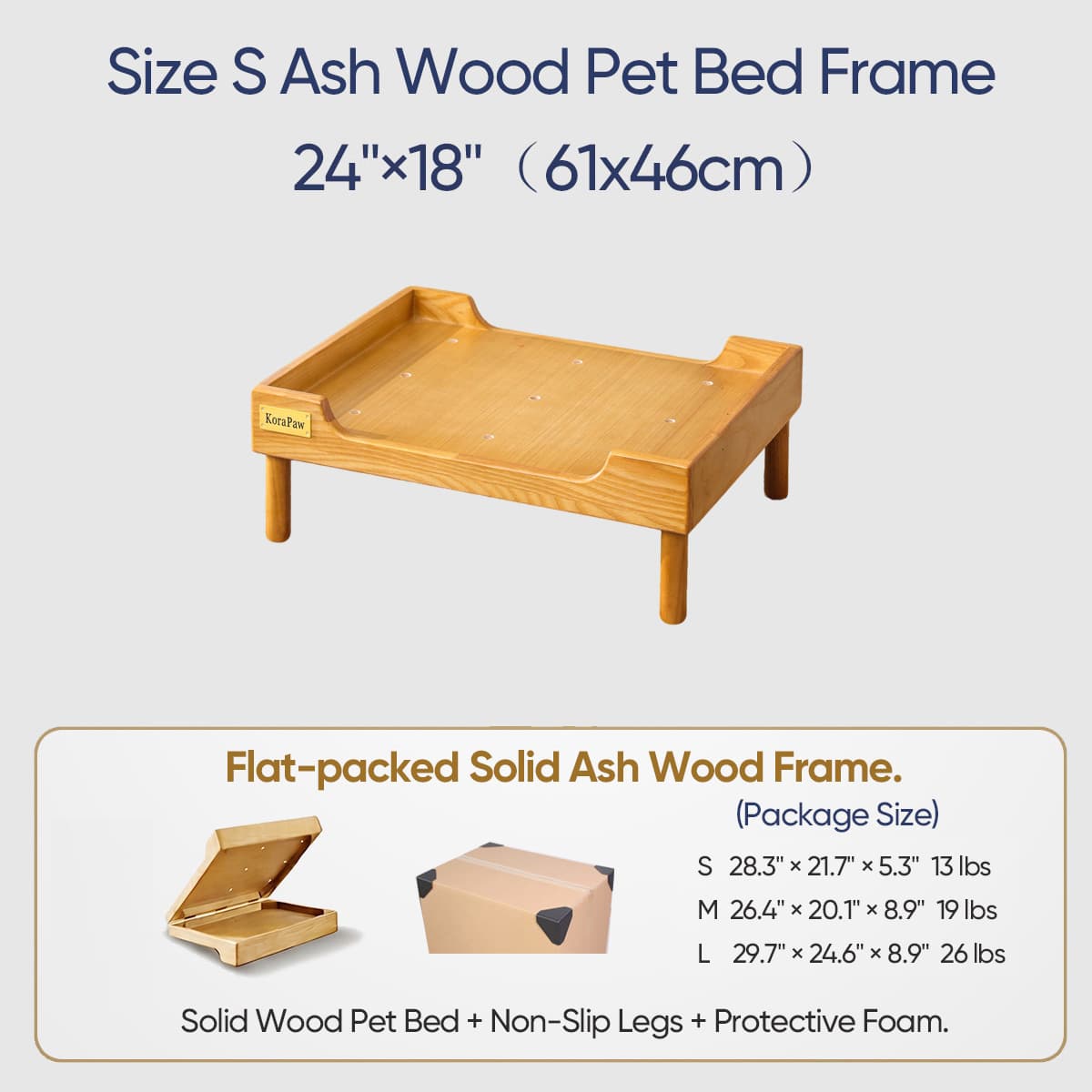 KoraPaw Premium Solid Ash Wood Pet Bed Base (Size S), 11cm Elevated Wood Frame for Cats & Small Dogs, Robot Vacuum Friendly Modern Pet Furniture (Frame Only)