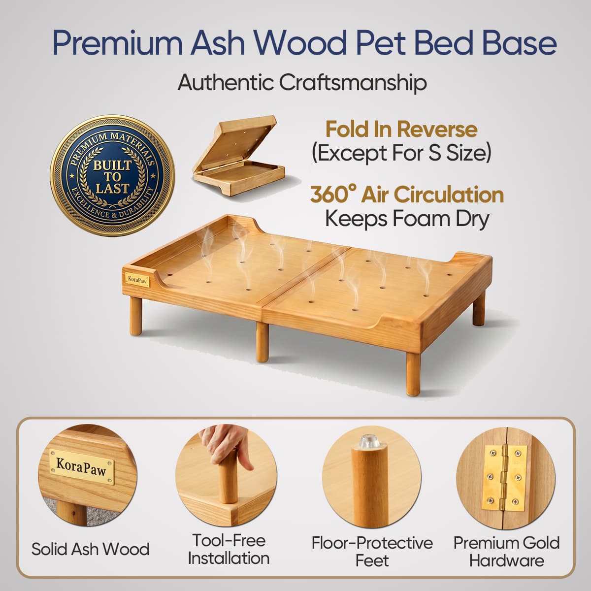 KoraPaw Solid Ash Wood Elevated Pet Bed M Set, Medium Dog Couch with Removable Waffle Covers & Water-Resistant Liner, Robot Vacuum Friendly Pet Furniture
