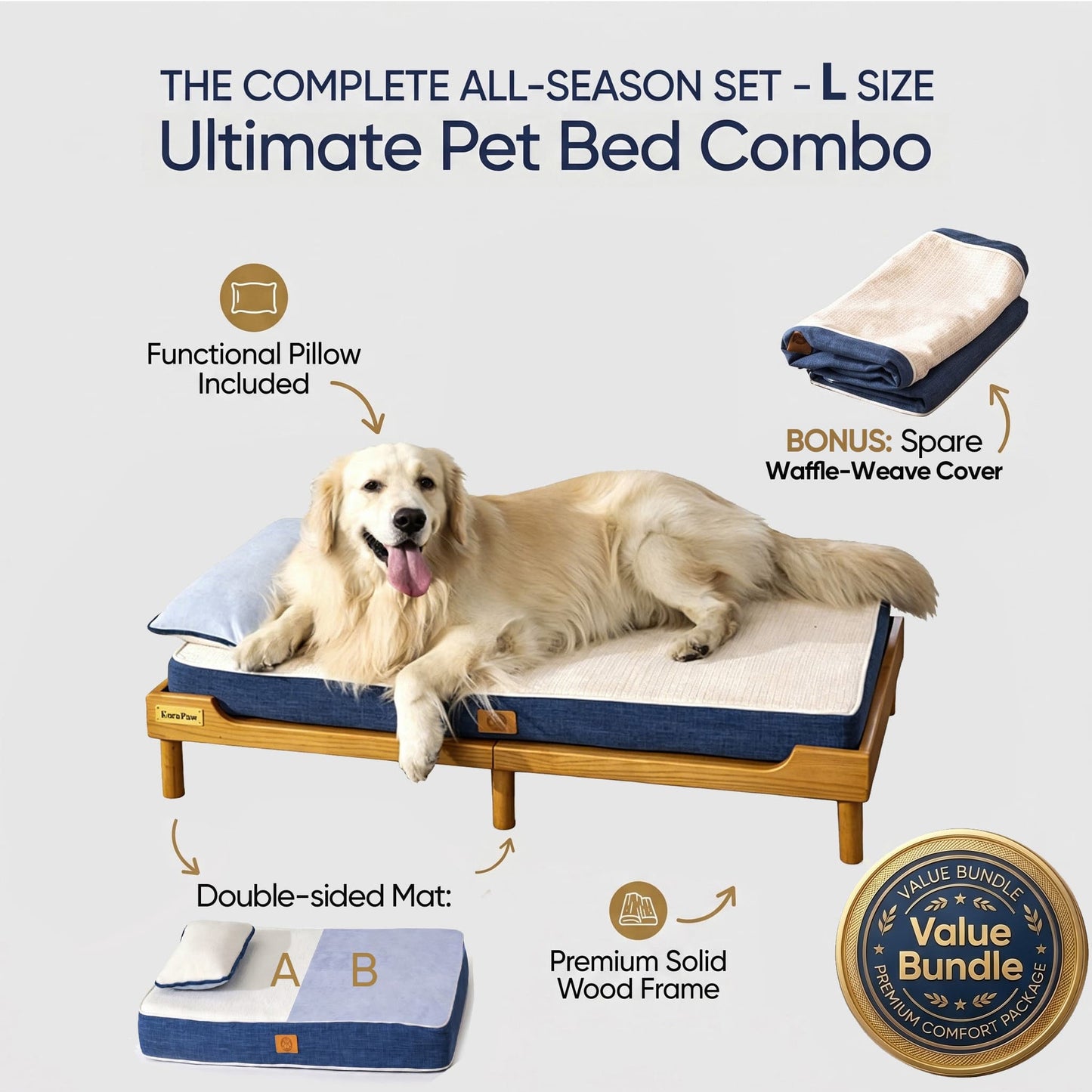 KoraPaw Solid Ash Wood Elevated Pet Bed Set (Size L), Removable Washable Waffle-Pattern Cover Heavy Duty Dog Couch for Large Dogs