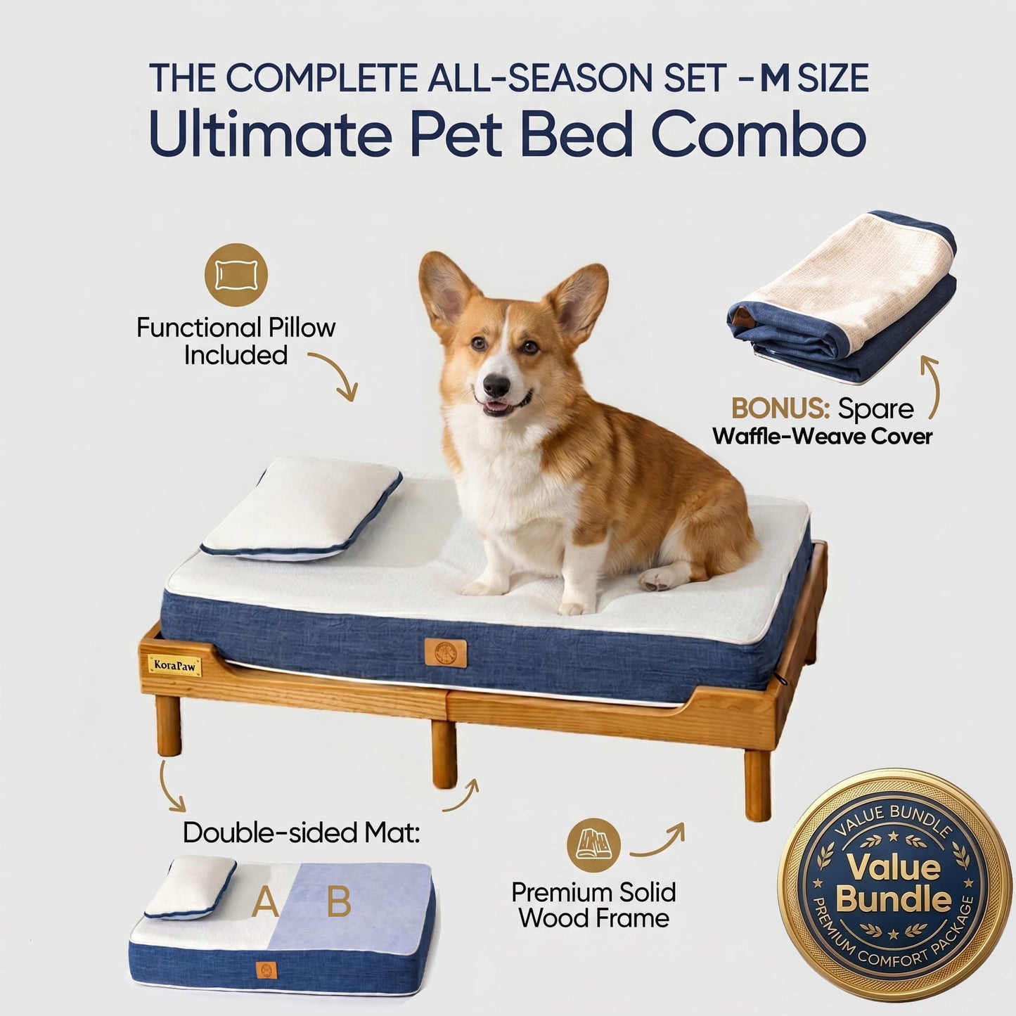 KoraPaw Solid Ash Wood Elevated Pet Bed M Set, Medium Dog Couch with Removable Waffle Covers & Water-Resistant Liner, Robot Vacuum Friendly Pet Furniture