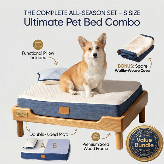 KoraPaw Solid Ash Wood Elevated Pet Bed Set (Size S), Removable Washable Waffle-Pattern Cover Soft Dog Couch for Small Dogs & Cats